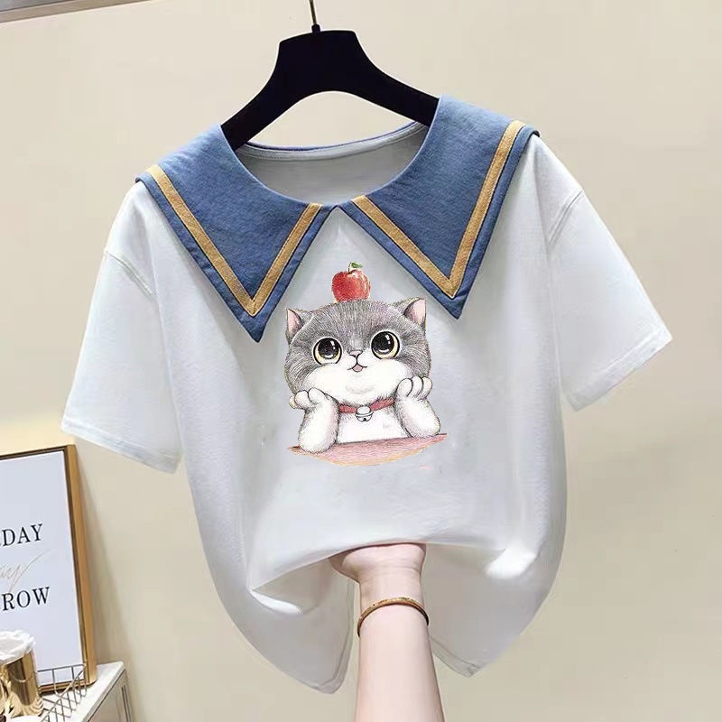 Áo Thun Tay Ngắn Dáng Rộng Cổ Búp Bê In Họa Tiết Hoạt Hình Phong Cách Hàn Quốc Thời Trang Mùa Hè Cho Nữ