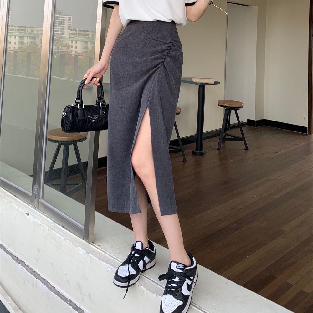 Bộ Áo Thun Ngắn Tay Ghép Màu Phối Chân Váy Dài Trung Bình Thời Trang Mùa Hè Cho Nữ