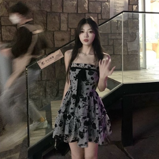 Đầm hoa hai dây ZHELIHANGFEI thắt nơ dáng ngắn thời trang quyến rũ cao cấp