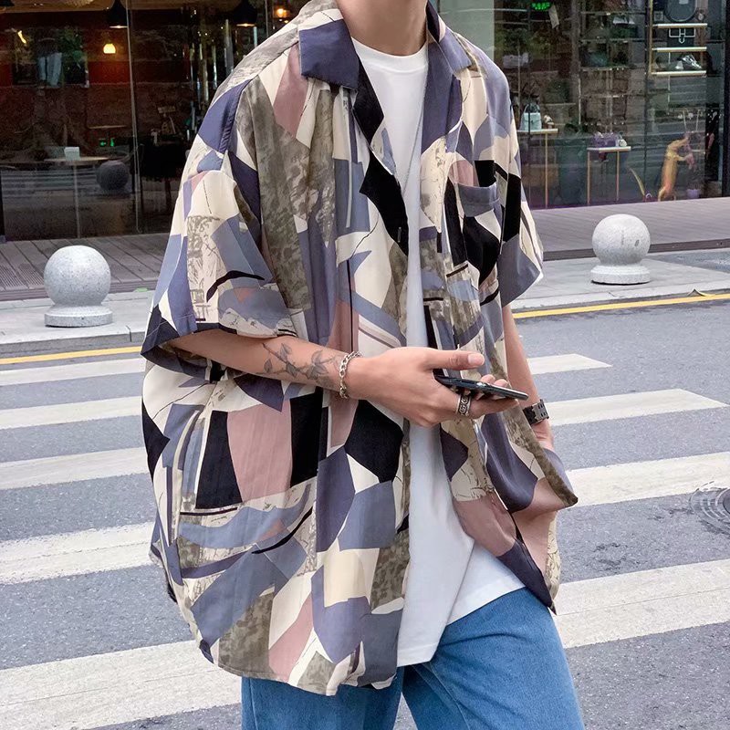Real shot spot new men's urban fashion Korean style printed casual loose short-sleeved shirt