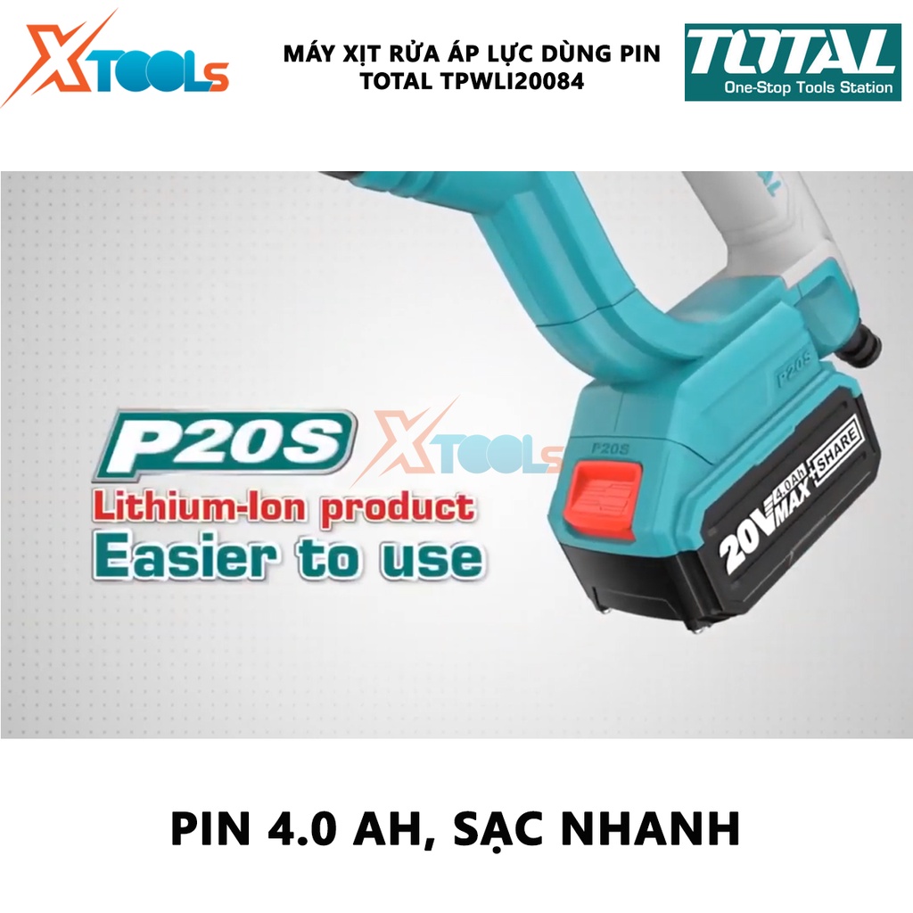 Máy xịt rửa xe cầm tay TOTAL TPWLI20084 Máy xịt rửa áp lực dùng pin Điện thế 20V Áp suất t 24.8 Bar Lưu lượng nước 2.2L/