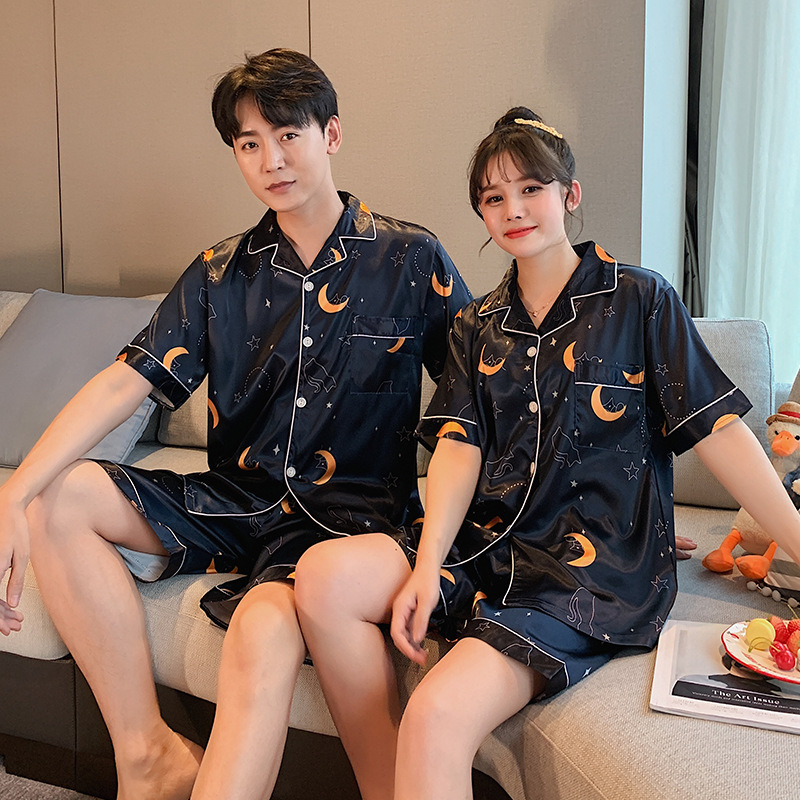 Bộ Đồ Ngủ Ngắn Tay In Họa Tiết Cho Cặp Đôi áo nữ đồ bộ pyjama pijama Đồ ngủ đôi đồ mặc nhà thu đông lụa cặp đôi cao cấp nam