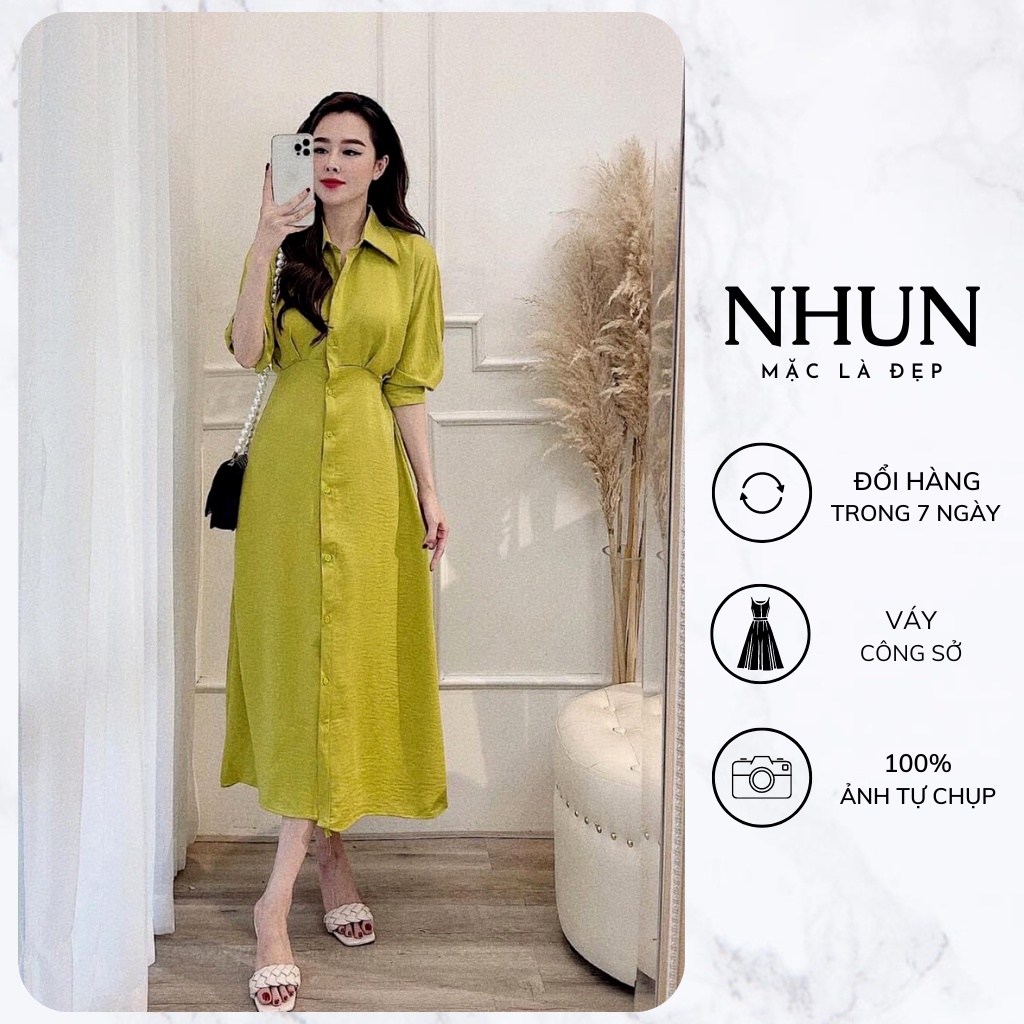Váy sơ mi tay lỡ dáng dài NhunFashion Đầm Maxi tiểu thư chất lụa mềm mịn cao cấp N40