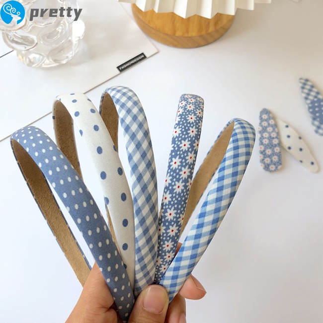 Băng đô cài tóc vải họa tiết hoa/ chấm bi/ kẻ sọc tông màu xanh dương phong cách retro dễ phối đồ xinh xắn