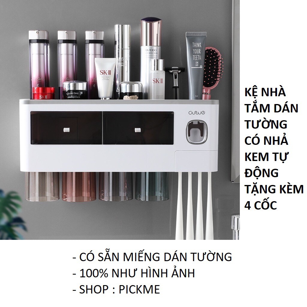 KỆ NHÀ TẮM DÁN TƯỜNG THÔNG MINH TẶNG KÈM CỐC HÚT TỪ TÍNH TRONG SUỐT. BỘ NHẢ KEM ĐÁNH RĂNG TỰ ĐỘNG A1910