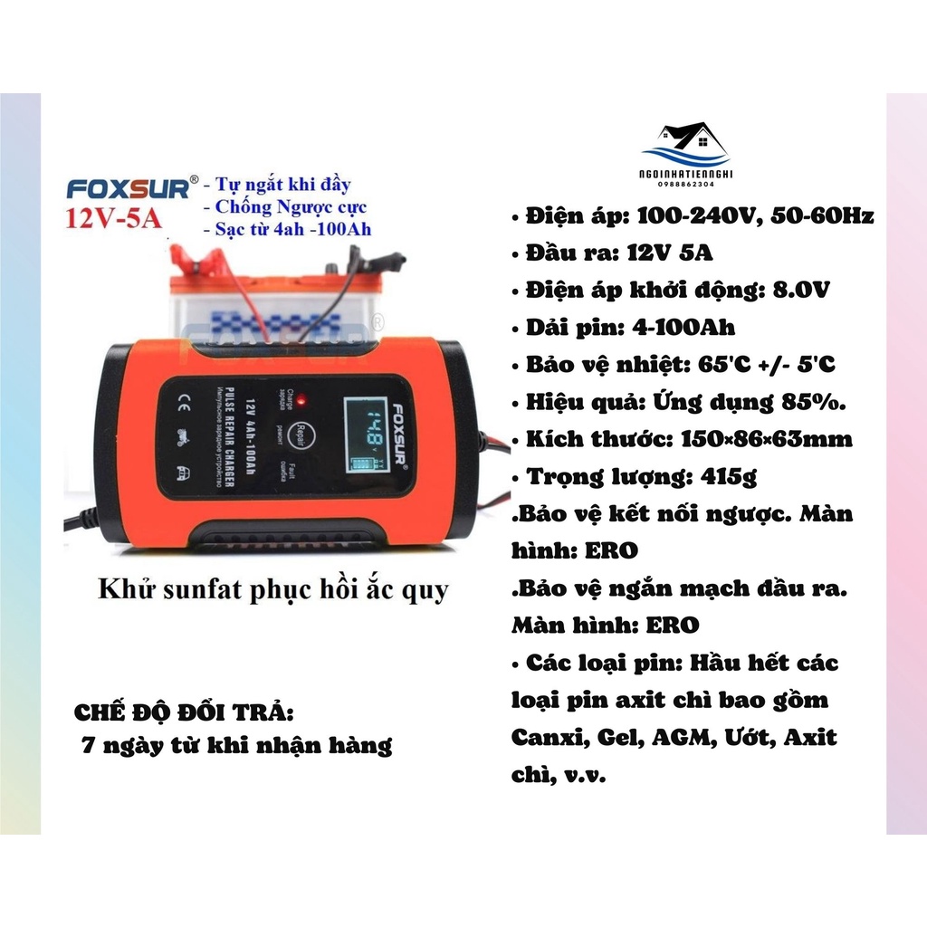 Bộ sạc bình acquy FOXSUR sạc nhanh tự động ngắt ngược cực ngắn mạch khử sunfat phục hồi bình yếu