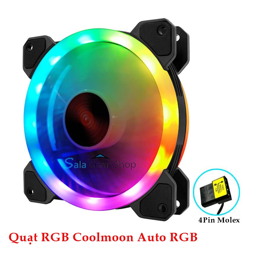 1 Quạt Tản Nhiệt Coolmoon R, Auto RGB 4Pin Molex, 2 Vòng Led