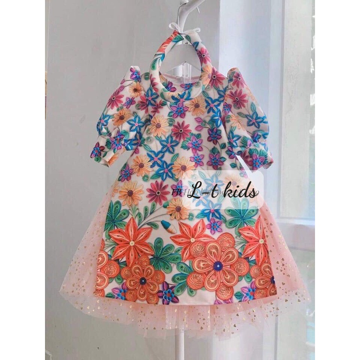 Áo dài cách tân cho bé gái kèm tuban hoa xuân Size 8-30kg XHN816