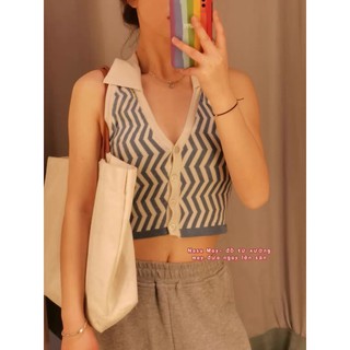  💃 Áo Croptop Nữ Kẻ Sọc 3 Lỗ Cúc Cài Crt Nữ Cổ Bẻ Hở Lưng 3 Màu
