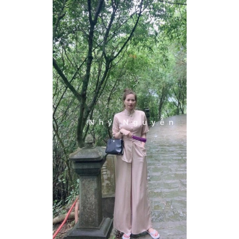 Đồ Lam Đi Chùa Mẫu Nút Bọc Có Dây Cột Eo MÀU NUDE