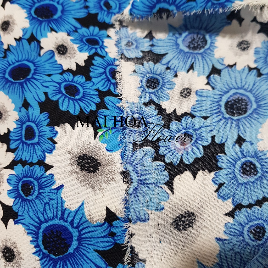 Vải hoa cúc xanh chất vải đũi mát mềm dùng may đồ, 100x150cm Maihoaflower