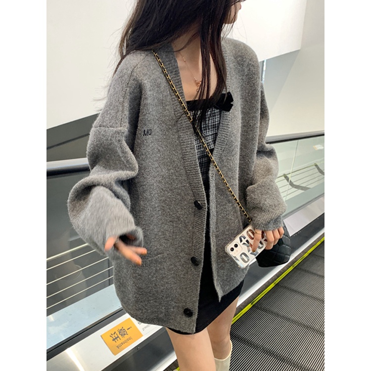 ZHELIHANGFEI Áo Cardigan Dệt Kim Tay Dài Cổ Chữ V Thiết Kế Dáng Rộng Thoải Mái