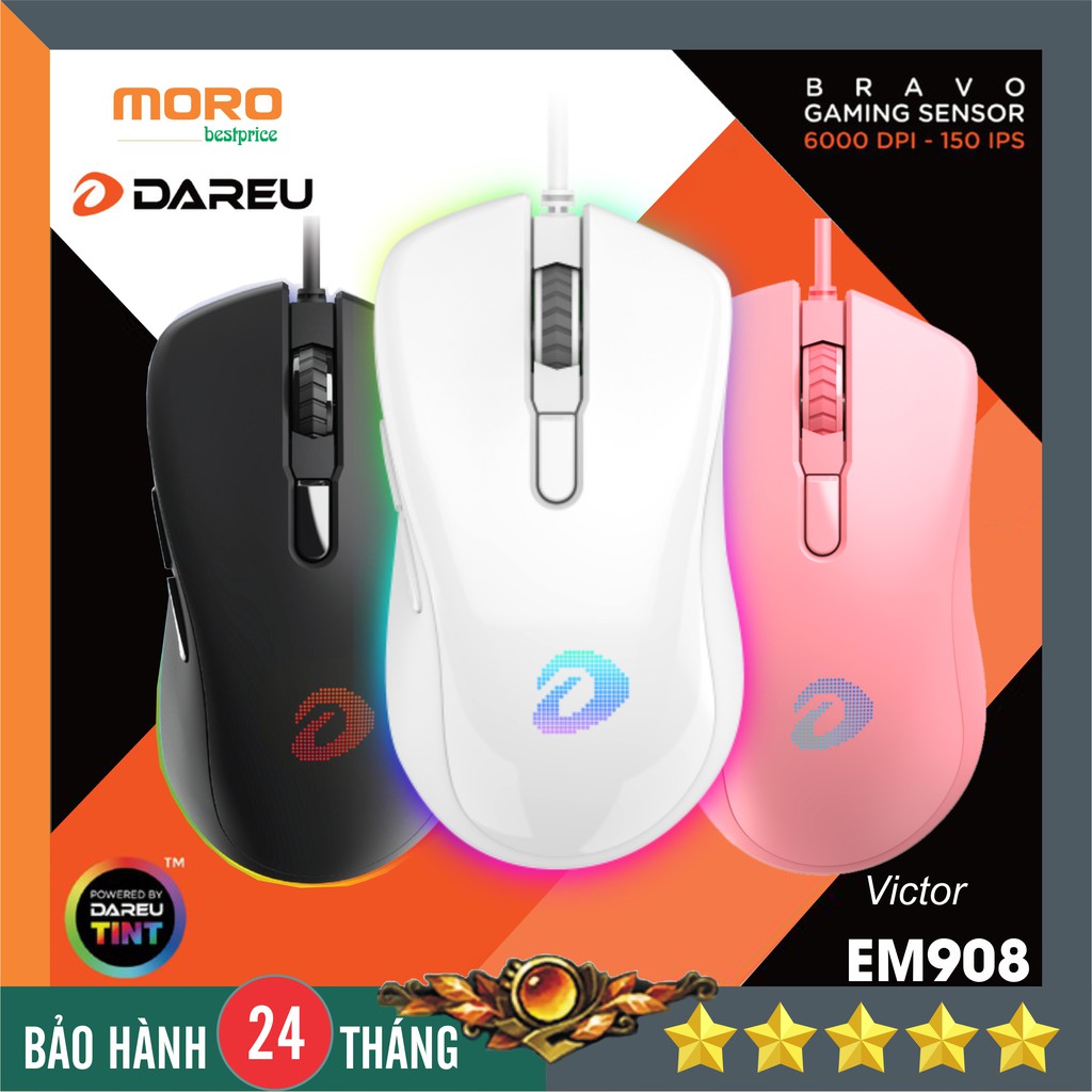  Chuột Gaming DAREU EM908 Pink / Black (LED RGB, BRAVO sensor) - Chính hãng Mai Hoàng