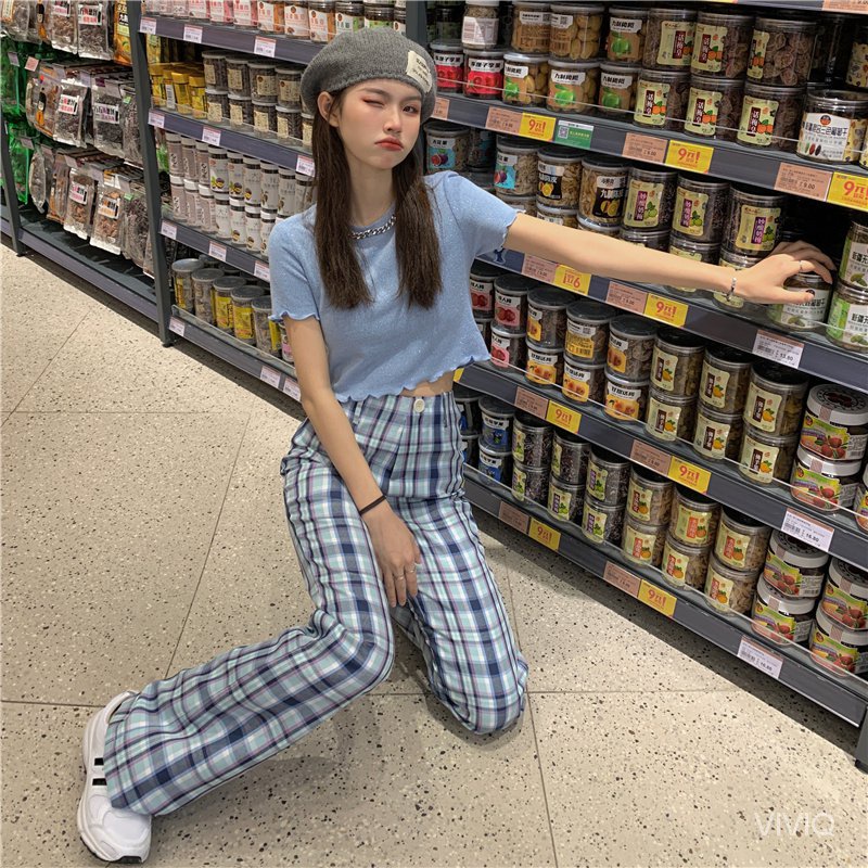 [Spot]   Plaid Straight Wide-Leg Pants Casual Pants for Women Summer2021New High Waist Loose and Slimming Mopping All-Matching Trousers