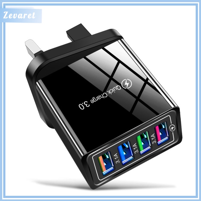 Củ Sạc Zevaret 12w 4 Cổng Usb 3a Phích Cắm Us / Eu / Uk Màu Đen Chất Lượng Cao