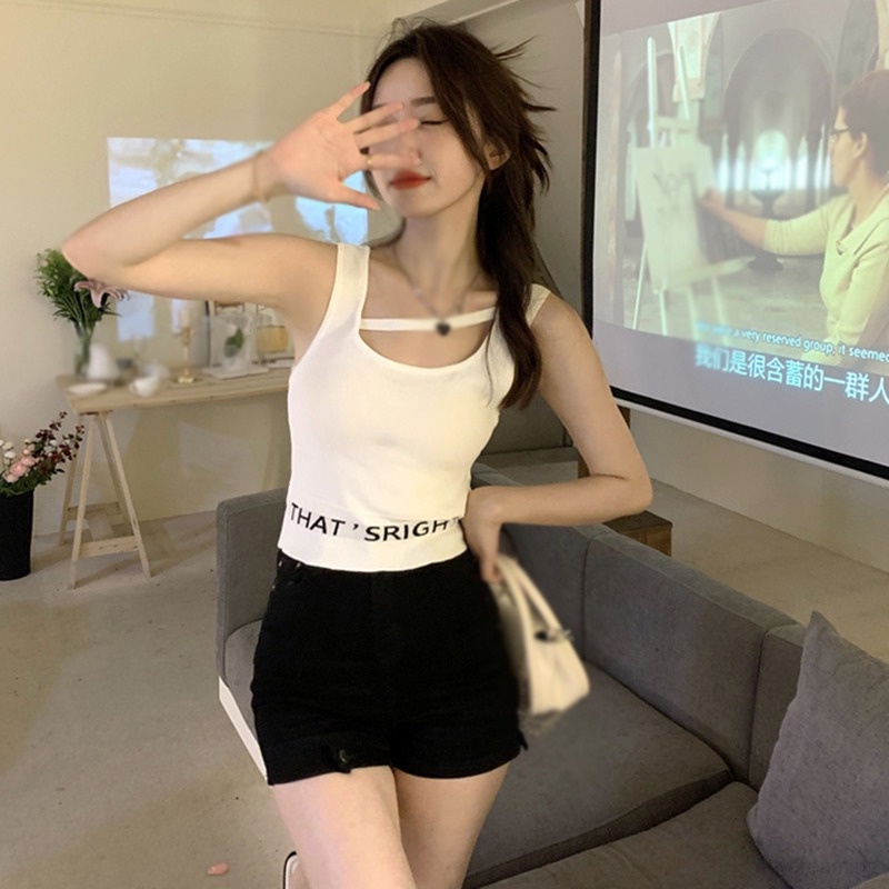 Áo Croptop Dệt Kim Sát Nách Dáng Ôm In Chữ Phong Cách Hàn Quốc Thời Trang Cho Nữ