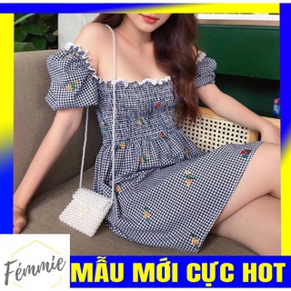[XẢ KHO GIÁ SIÊU SỐC] SIÊU PHẨM XINH_Freeship toàn quốc_Đầm xòe caro thêu hoa_cao cấp có sẵn_Ảnh thật_Femmie