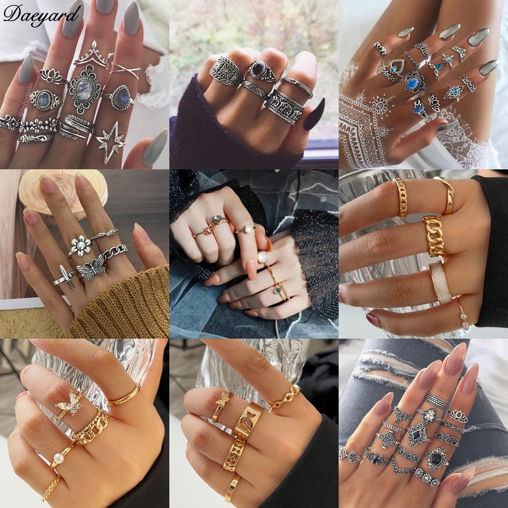 Bộ Nhẫn Đính Đá Quý Phong Cách Bohemian Cổ Điển Thời Trang Sang Trọng