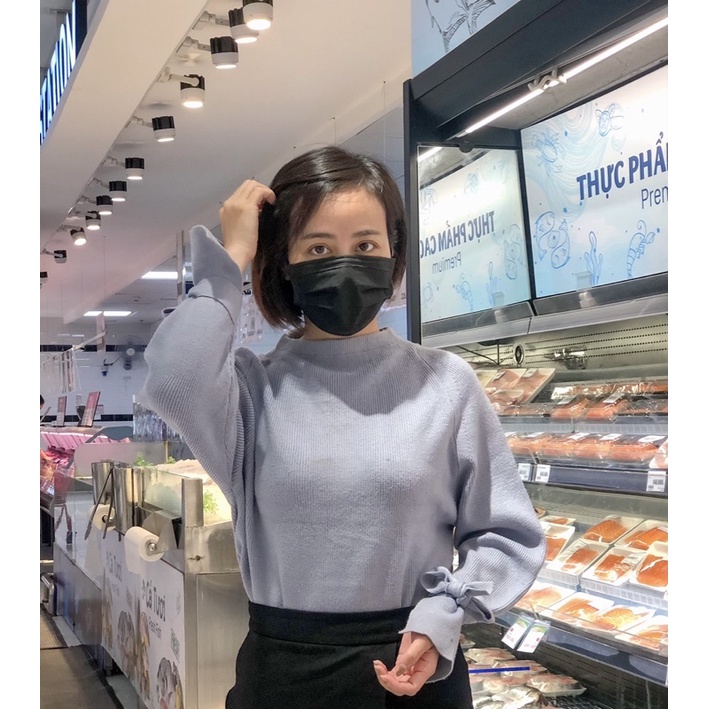 áo len tím mix Hàn QC tay xẻ buộc nơ