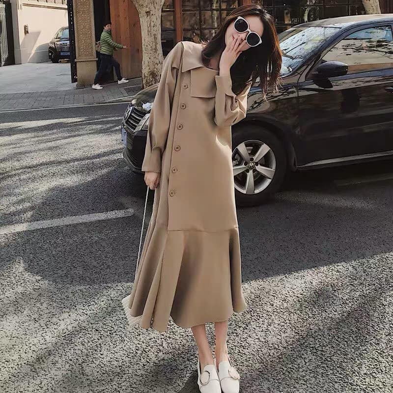 Sẵn SIZE M, XL_ Váy suông dáng dài thu- đông cho nữ màu nâu hàng quảng châu- có ảnh thật
