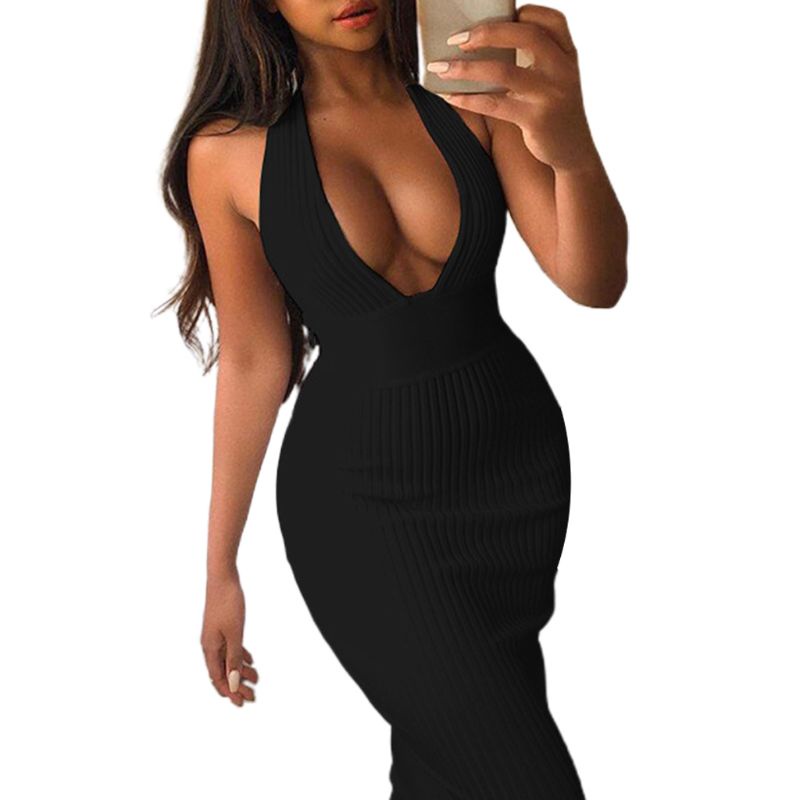 Xiangbao Đầm Maxi Bút Chì Dệt Kim Cổ Chữ V Khoét Sâu Hở Lưng Có Gân Gợi Cảm Cho Nữ