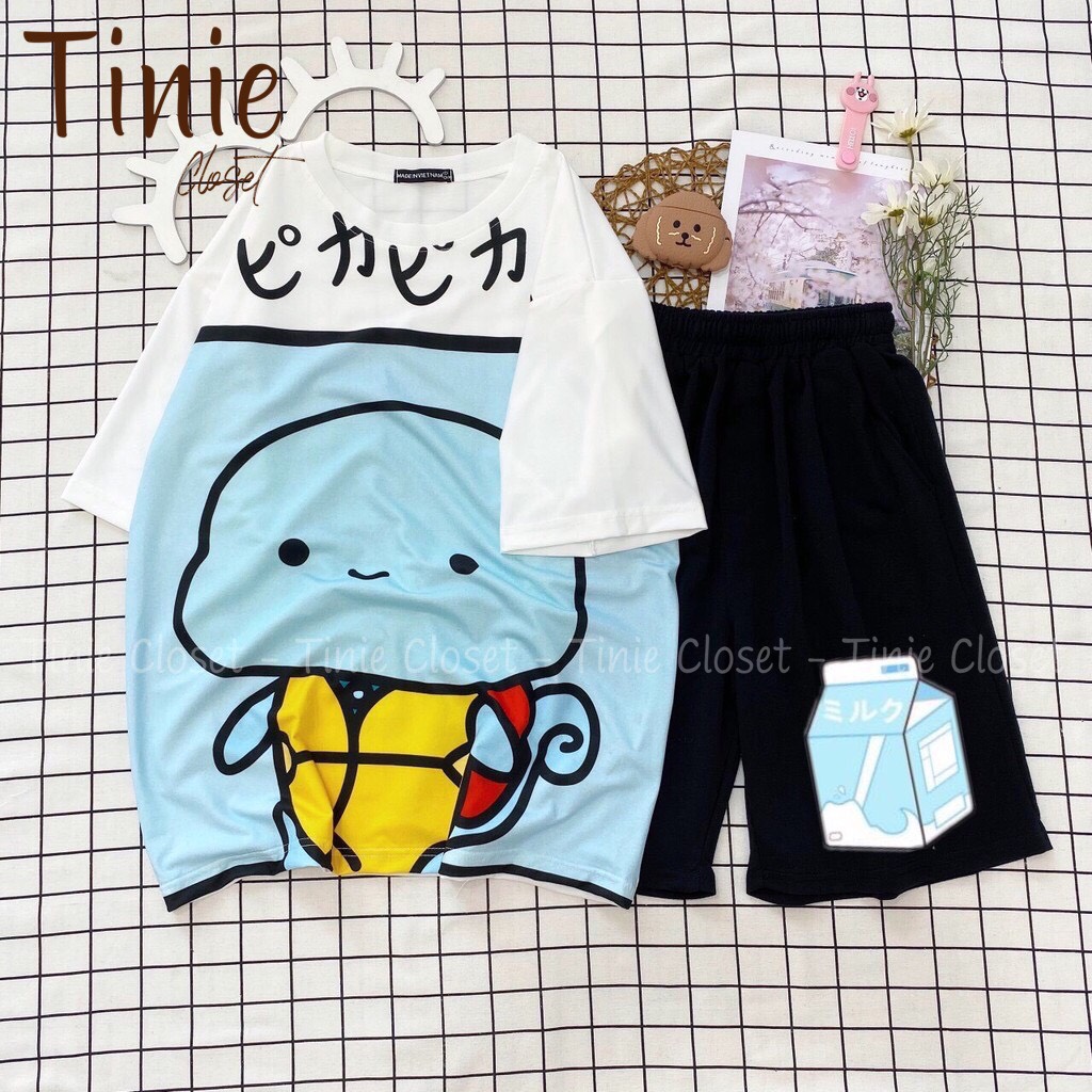 Set đồ bộ hoạt hình nam nữ form rộng Unisex Nhiều mẫu Tinie Closet,Áo thun+quần đùi Freesize