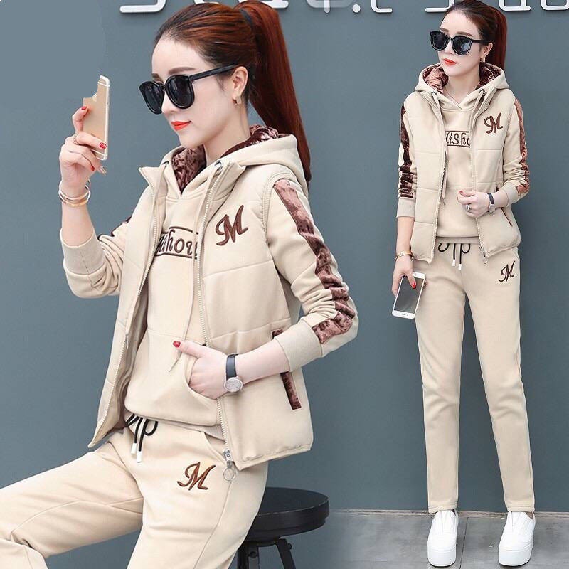 Set Đồ Thể Thao Ba Món Bằng Nhung Dày Dặn Thời Trang Thu Đông Cho Nữ size Lớn 2021