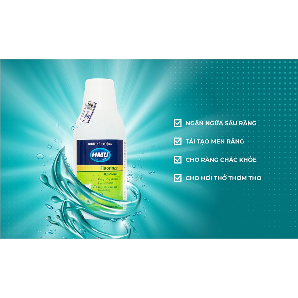 Nước súc miệng HMU Fluorinze 0,05% NaF ngăn ngừa sâu răng, cho hơi thở thơm mát - Chai 250ml