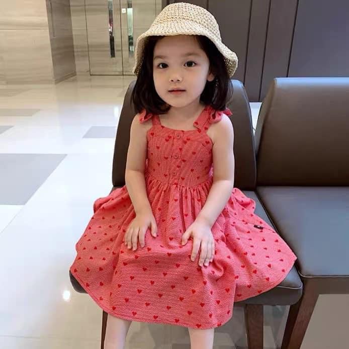 Váy đầm cho bé gái hai dây buộc vai họa tiết tim đỏ điệu đà xinh xắn cho bé yêu JIMADO AA6030