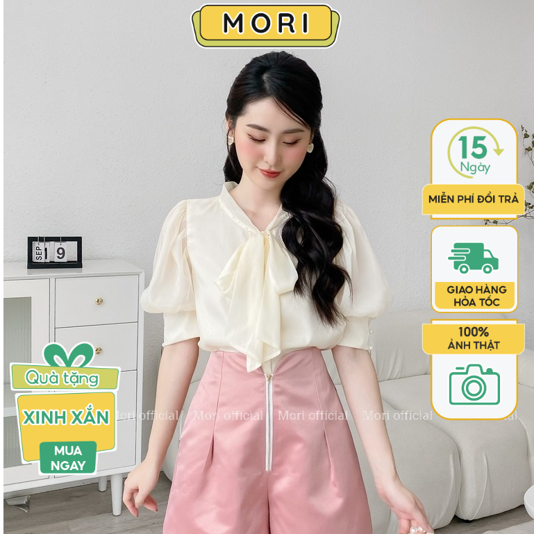 Set áo sơ mi nữ tay ngắn quần short cạp cao tiểu thư thiết kế tay bồng cổ nơ công sở voan hai lớp Mori Clothing ASM01