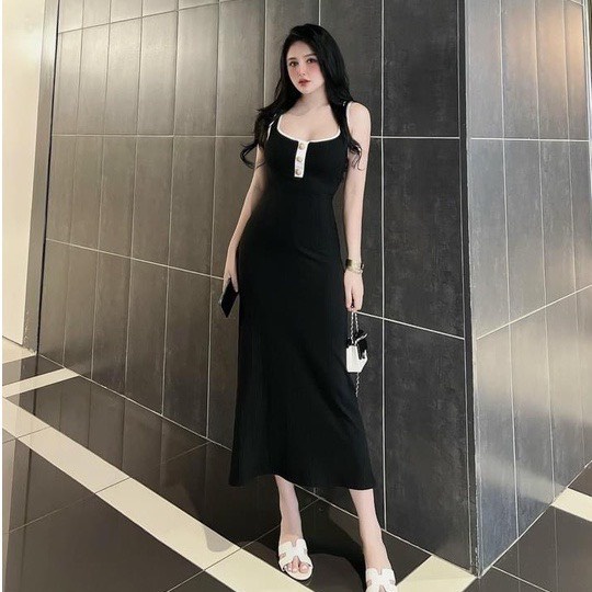 Đầm gân body nữ dáng dài maxi kiểu 2 dây ba lỗ phối nút gài viền màu hot