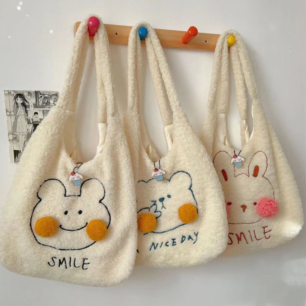 Túi Tote Đeo Vai Bằng Len Lông Cừu Dễ Thương Sức Chứa Lớn Phong Cách Nhật Bản Thời Trang Thu Đông