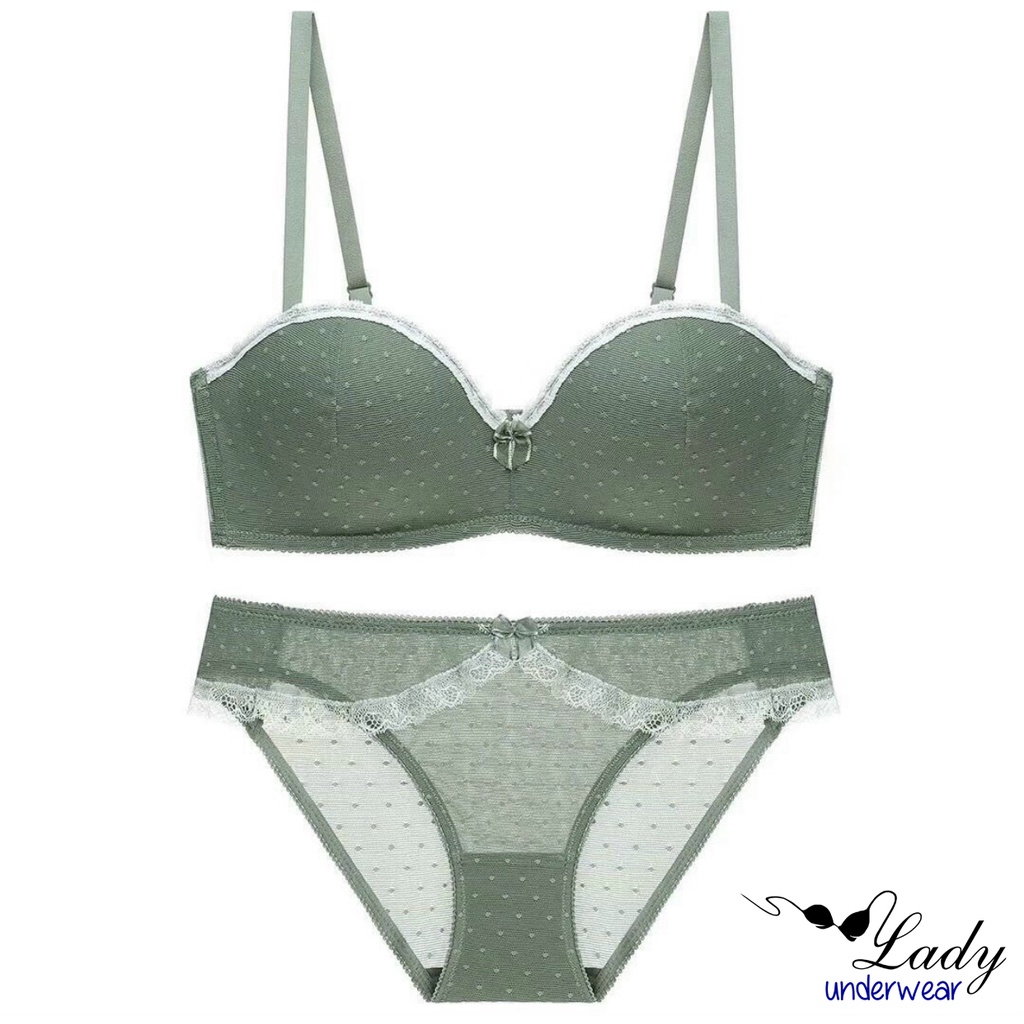 Bộ Đồ Lót Ren Chấm Bi Tiểu Thư Đệm Dày Nâng Ngực, Set Đồ Lót Nữ Cúp Ngực Cực Xinh