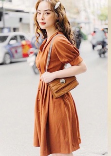 Đầm cam cổ V nút bọc (kèm hình thật)