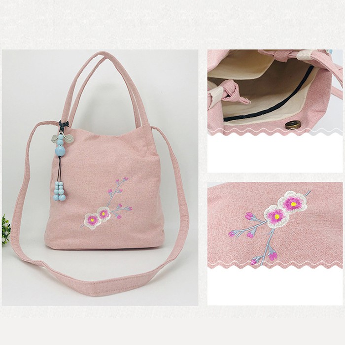 Túi xách nữ kết hợp túi đeo chéo nữ chất liệu vải, thêu tay hình hoa phong cách retro Nhật bản