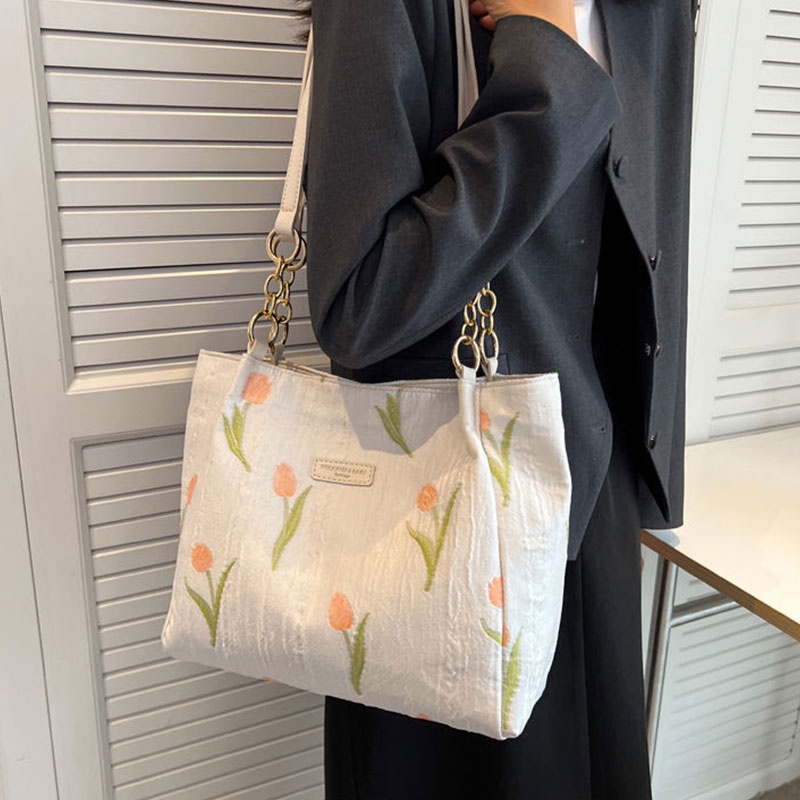 Túi xách QFDI canvas họa tiết hoa cỡ lớn thời trang cho nữ