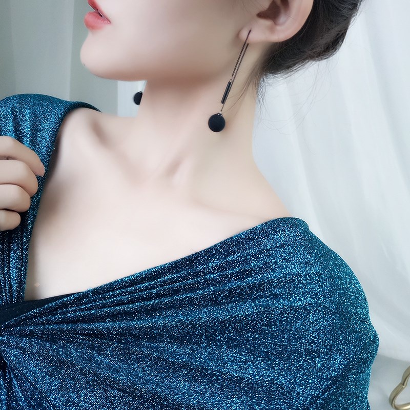 Bông Tai Dây Xích Gắn Bóng Tròn Màu Đen Phong Cách Hàn Quốc Ngọt Ngào Cho Nữ