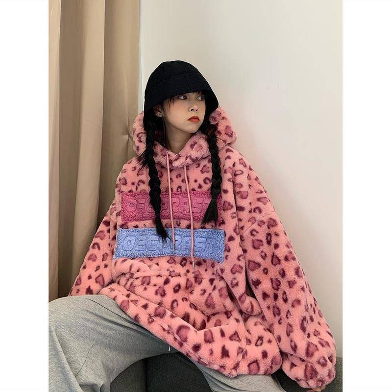 Áo hoodie chất liệu len dày dặn ấm áp in họa tiết da báo dễ thương cho nữ