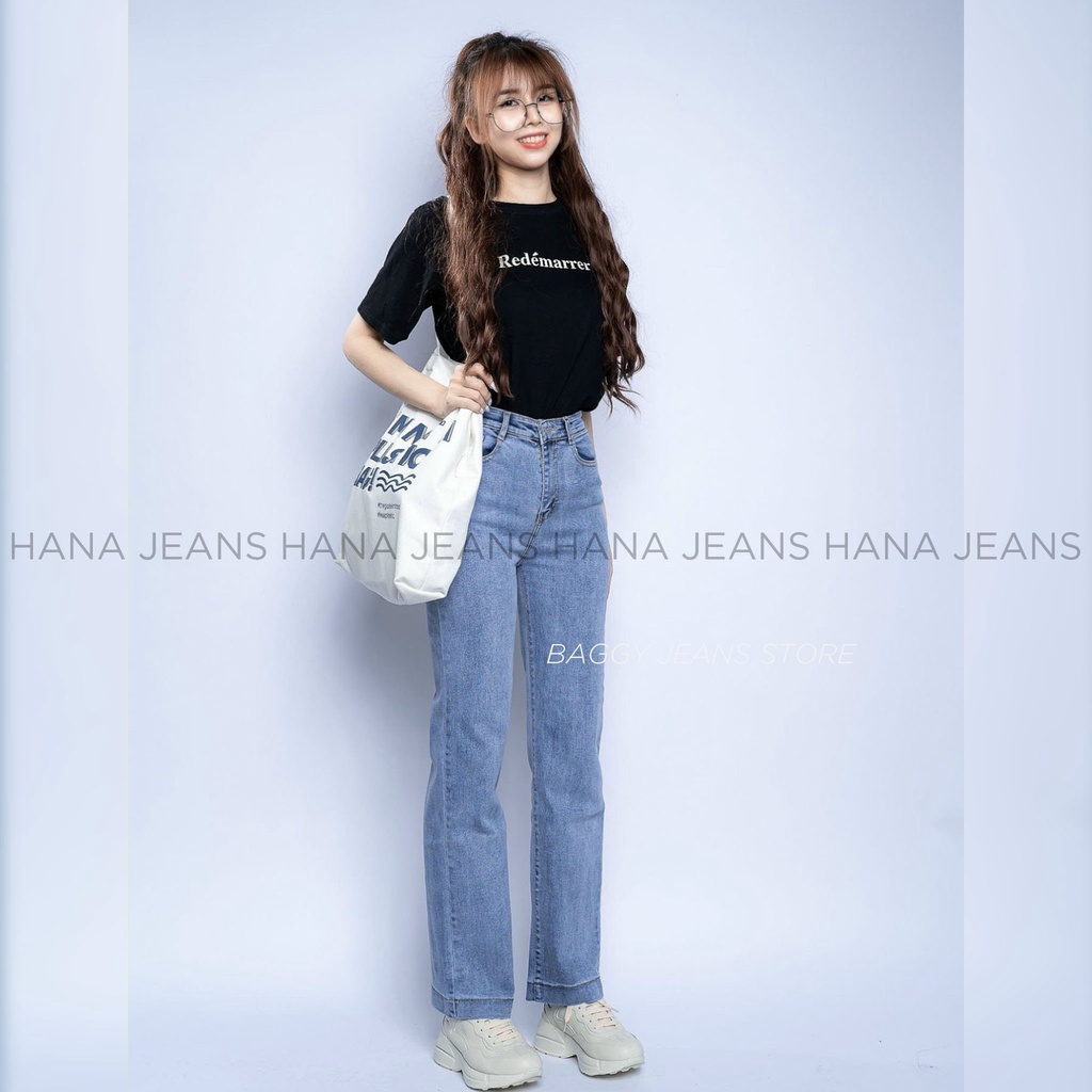 Quần Jean Nữ Ống Đứng Co Giãn Quần Jeans Lưng Cao Trơn