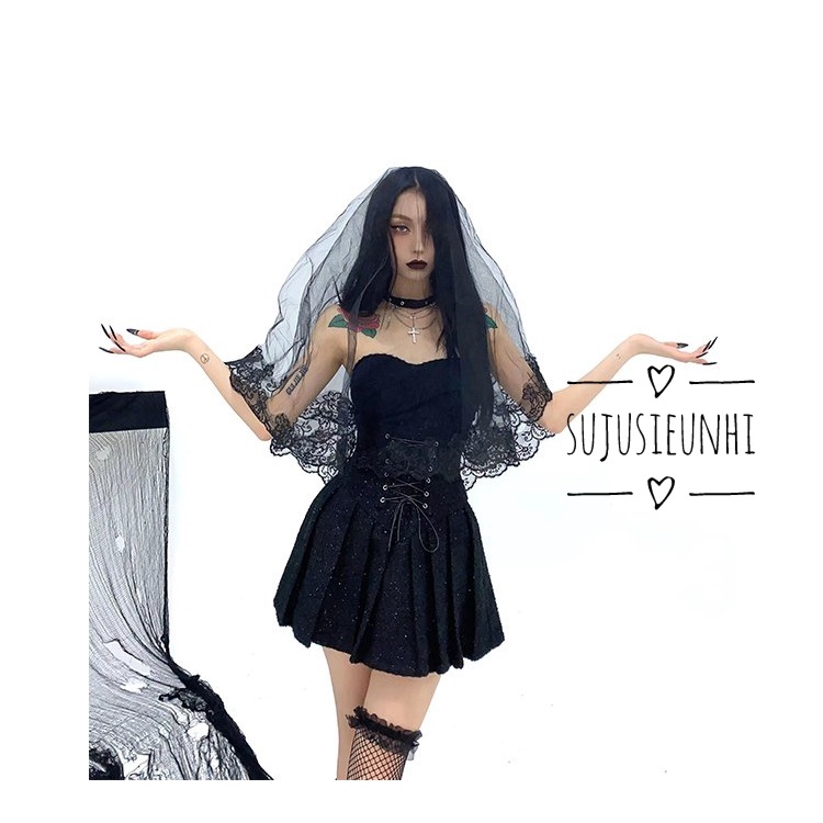 Khăn voan trơn màu đen họa tiết hoa thêu viền trùm tóc chụp ảnh gothic/ khăn đội đầu hóa trang Halloween