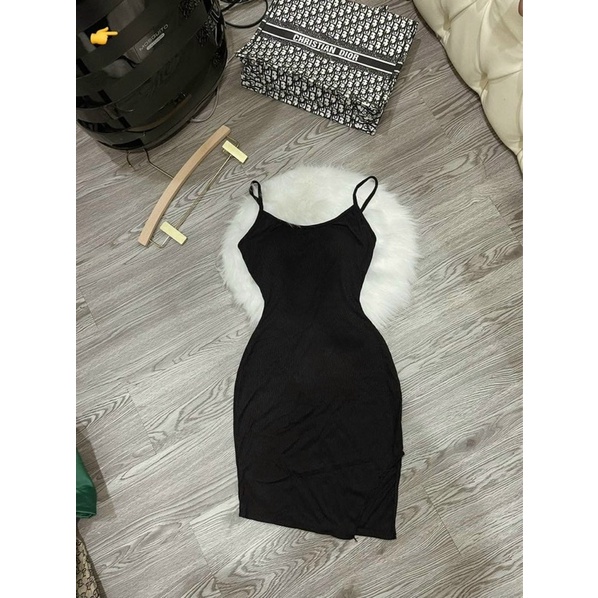 Đầm Body Hai Dây Ngắn Xẻ Đùi Chất Thun Gân Màu Xanh-D47-