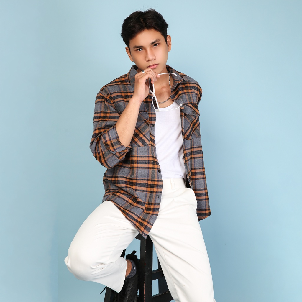 ÁO FLANNEL SƠ MI KARO NAM DÀI TAY THOÁNG MÁT MÀU NÂU | GIRAN