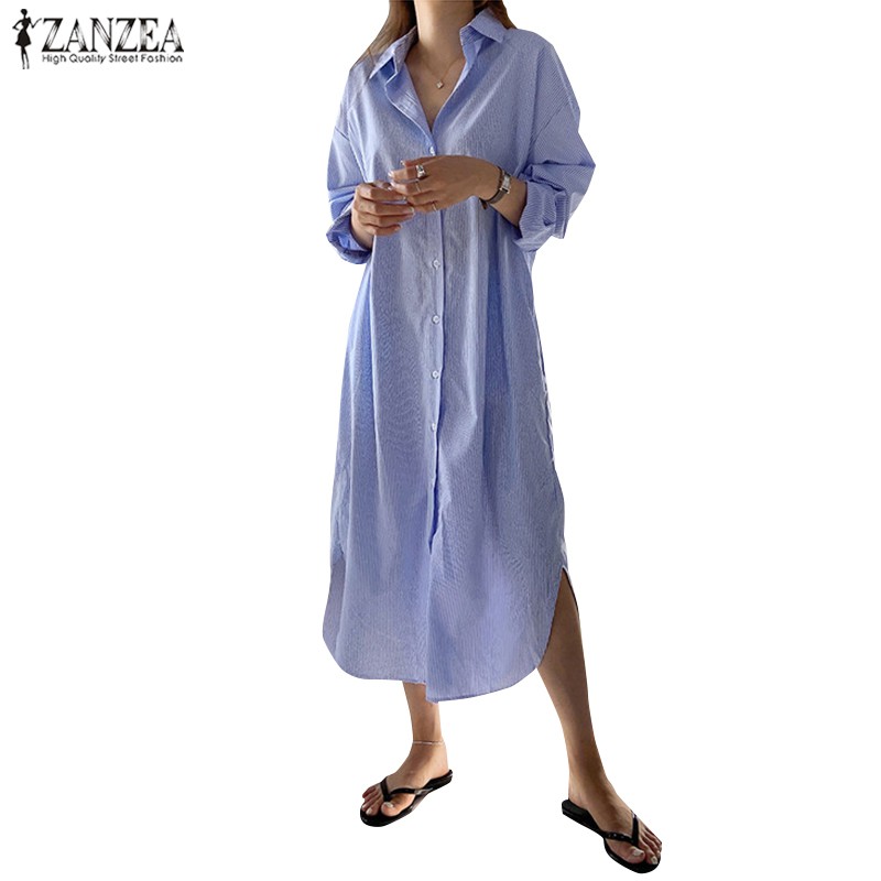 ZANZEA Đầm Tay Dài Dáng Rộng Họa Tiết Sọc Thời Trang Nữ Dễ Thương | BigBuy360 - bigbuy360.vn