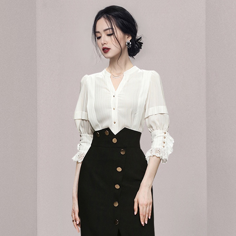Set công sở sang chảnh áo sơ mi kiểu + chân váy xẻ nút Quảng Châu