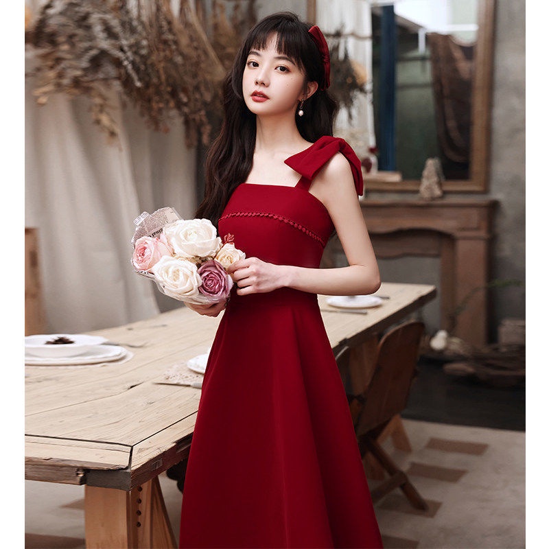 Nv Đầm Ngắn Hai Dây Màu Đỏ Rượu Vang Kích Thước Nhỏ Mặc Vào Mùa Hè Cho Cô Dâu