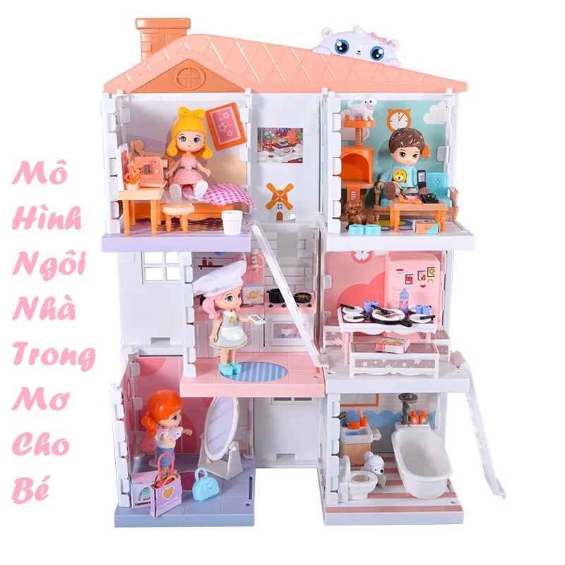 Bộ Đồ Chơi Mô Hình Ngôi Nhà Búp Bê Cho Bé 3 Tầng, 4 trong 1