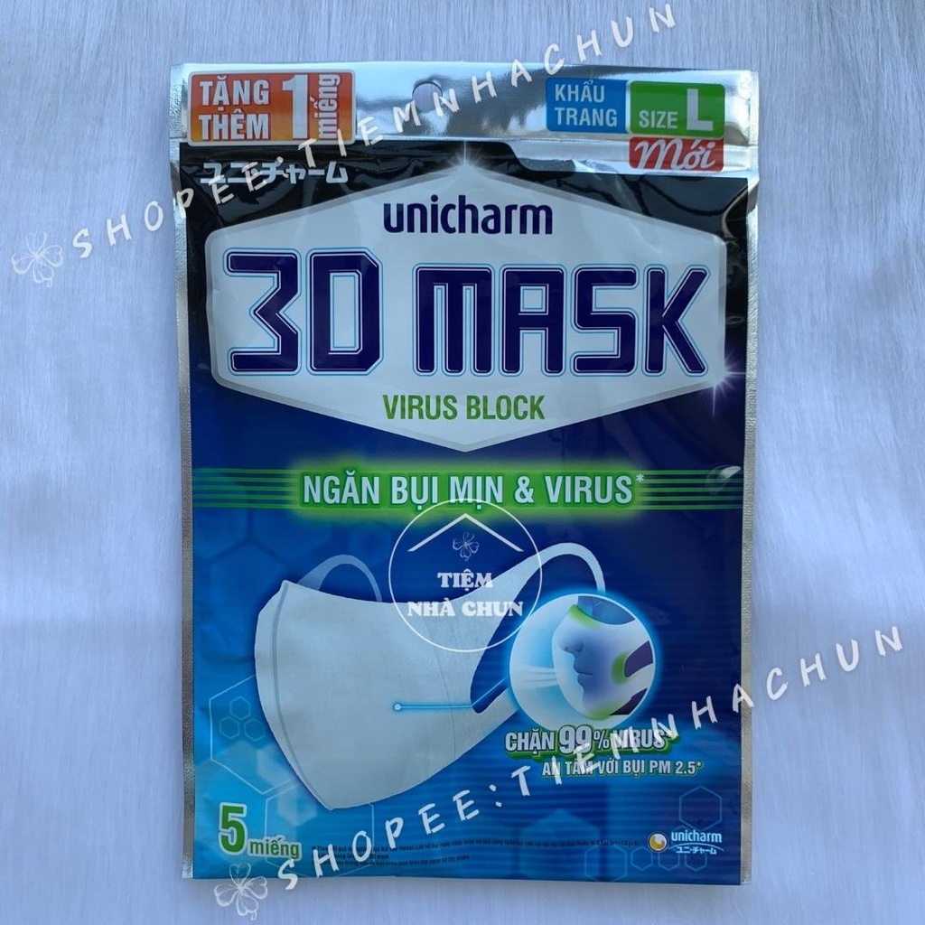 [CHÍNH HÃNG] Khẩu Trang Ngăn Vi Khuẩn Unicharm 3D Mask Virus Block Size S, M, L Gói 5 Miếng