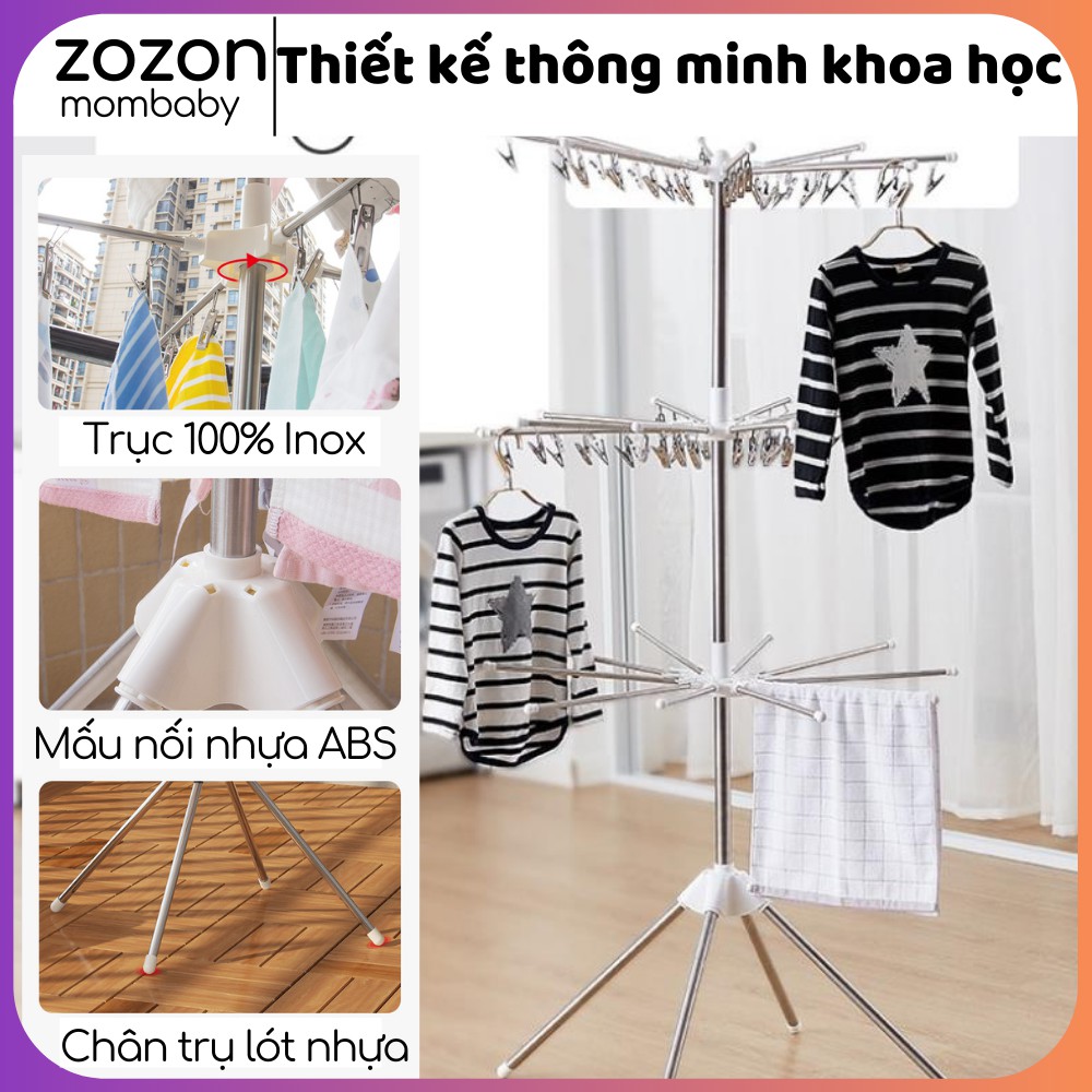 Cây treo quần áo inox, giàn phơi thông minh, móc quần áo cho bé và trẻ sơ sinh 3 tầng 56 kẹp móc gấp gọn Zozon