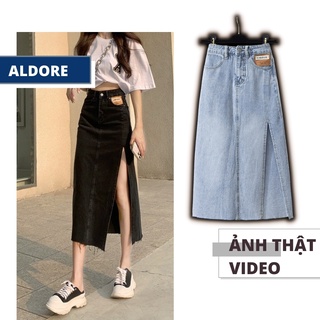 Chân váy jean nữ dáng dài lưng cao sẻ tà quyến rũ chất denim CV2