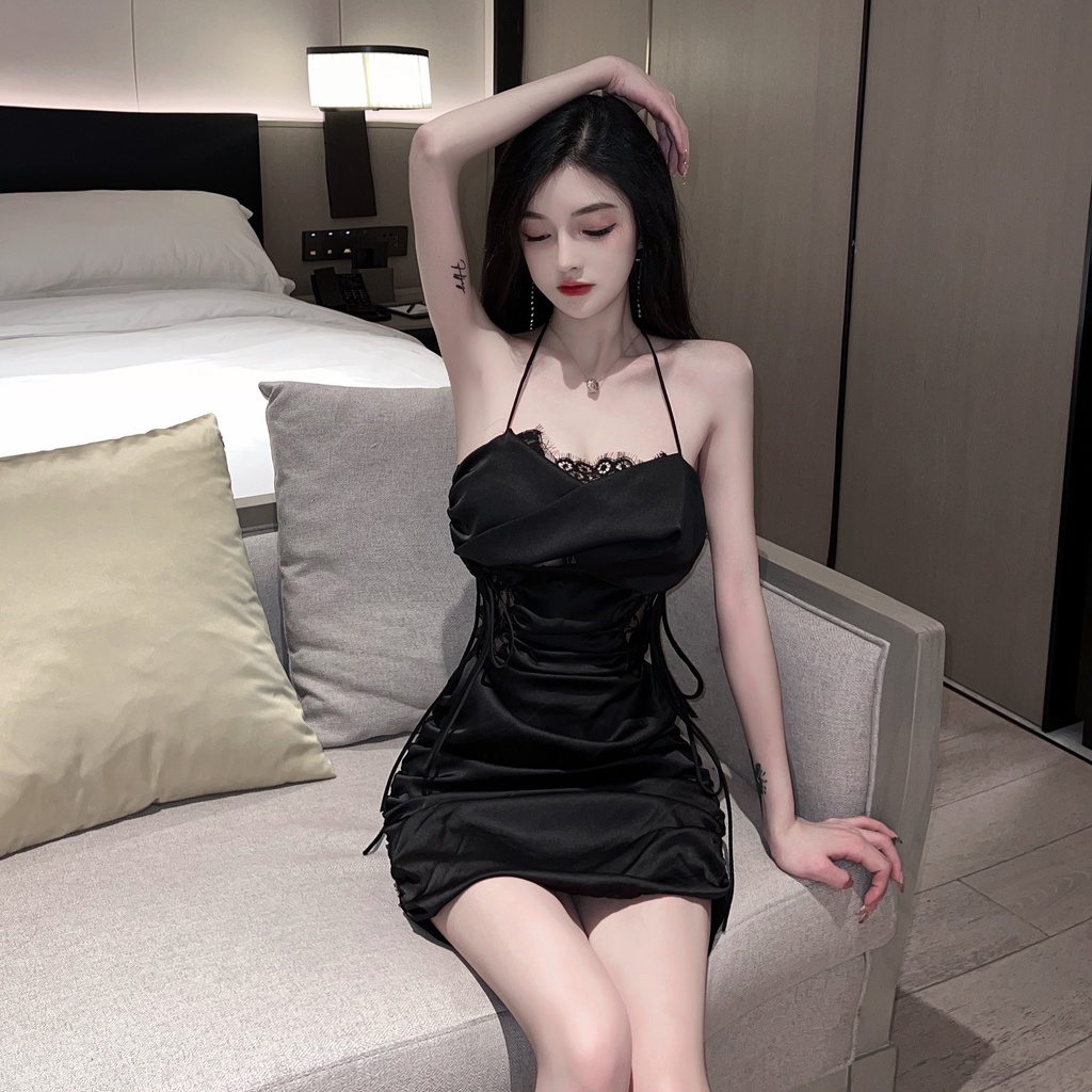 Summer 2022 sexy lace stitching waist pleated mesh see-through suspender sheath dress for women